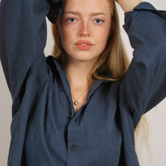 Y2K Striped Button Up (L) blue large vintage navy slim fit business casual fall - Picture 4 of 8